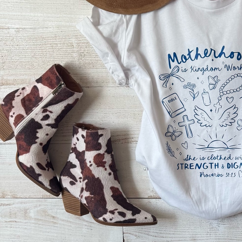 Cow Print Ankle Boots with Chunky Heel